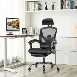 Ergonomic High-Back Mesh Reclining Home Office Desk Chair with Footrest & Lumbar Support in Black with Comfy Arms