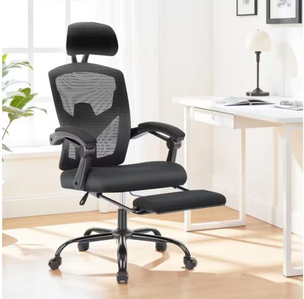 Ergonomic High-Back Mesh Reclining Home Office Desk Chair with Footrest & Lumbar Support in Black with Comfy Arms