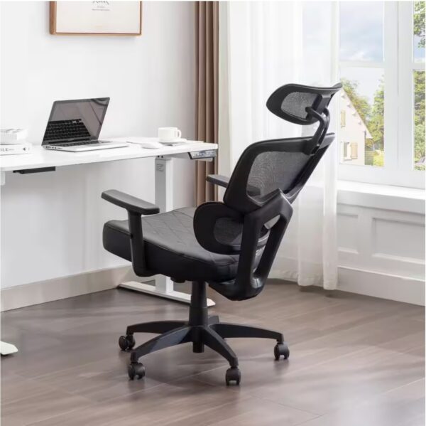 Office Chair Faux Leather Swivel Ergonomic Task Chair in Black with Arm, Backrest and Lumbar Support for Executive Desk