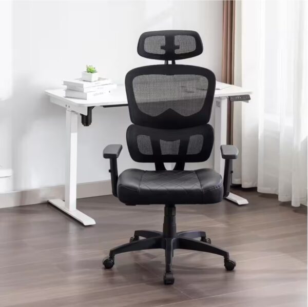 Office Chair Faux Leather Swivel Ergonomic Task Chair in Black with Arm, Backrest and Lumbar Support for Executive Desk